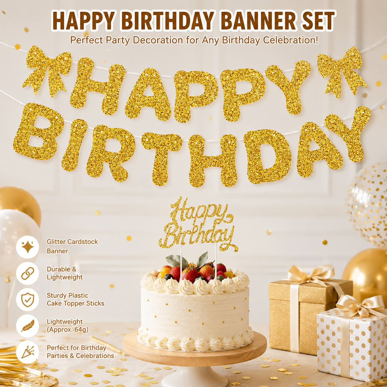 Golden Glitter Happy Birthday Banner and Cake Topper Set - Bow Decoration