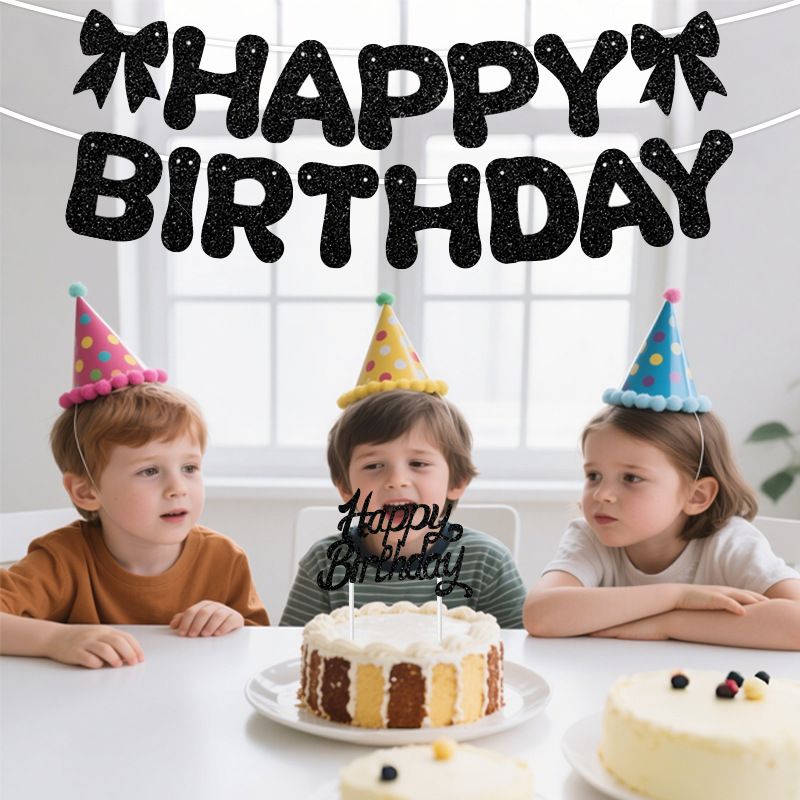 Golden Glitter Happy Birthday Banner and Cake Topper Set - Bow Decoration view 6