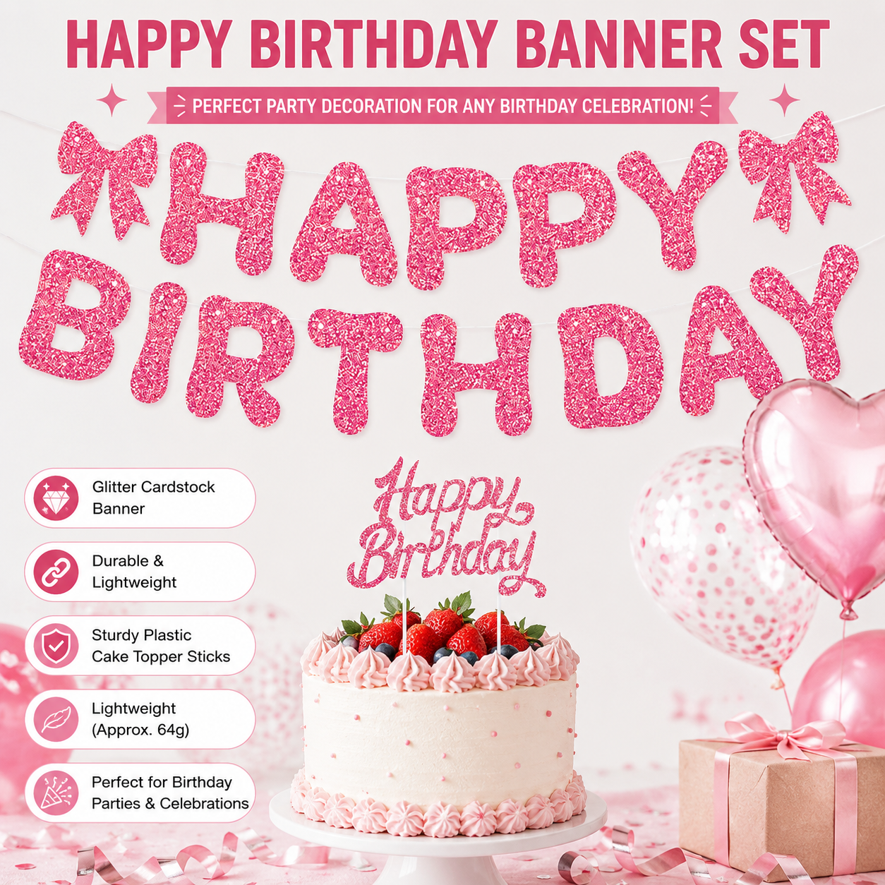 Pink Glitter Happy Birthday Banner and Cake Topper Set - Bow Decoration