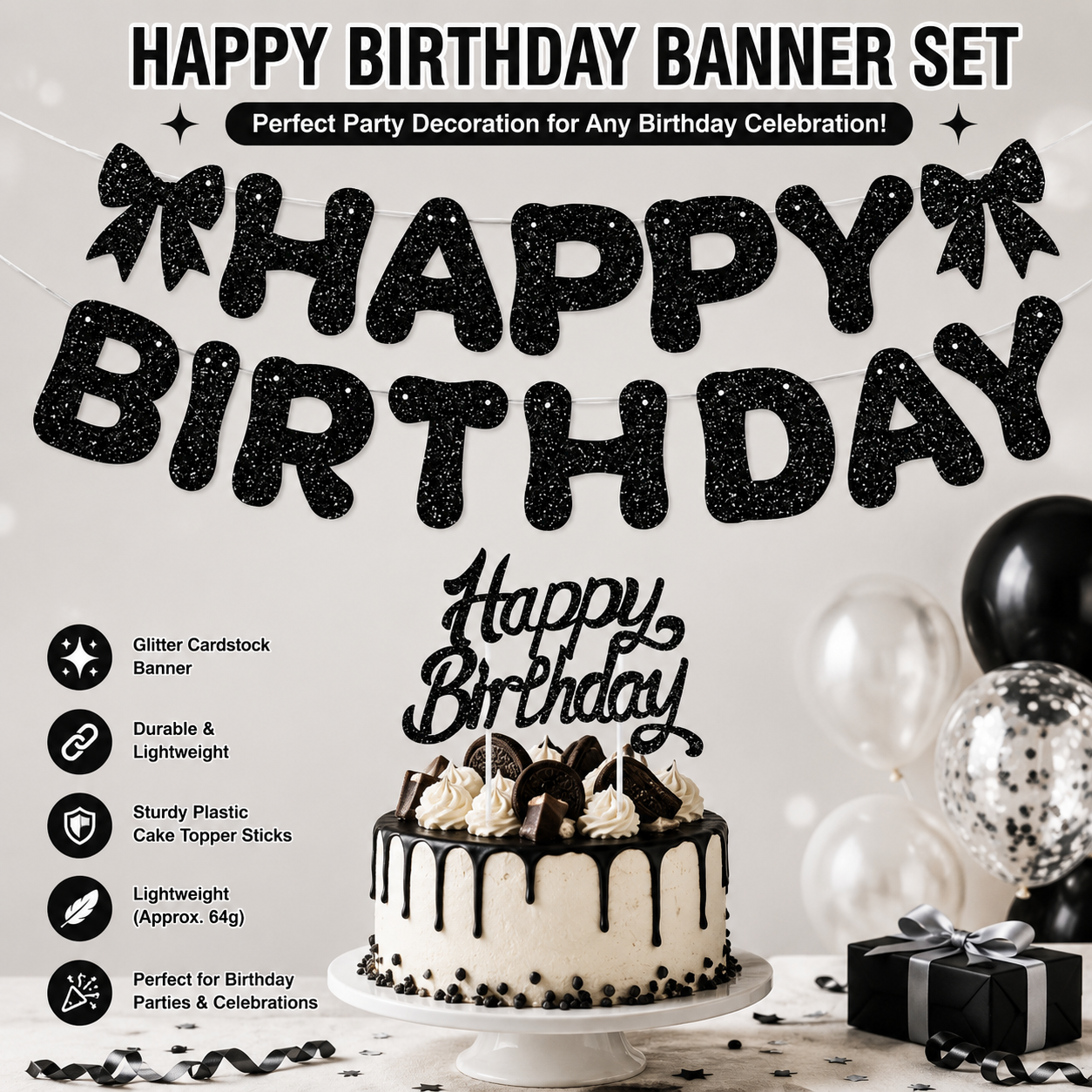 Black Glitter Happy Birthday Banner and Cake Topper Set - Bow Decoration