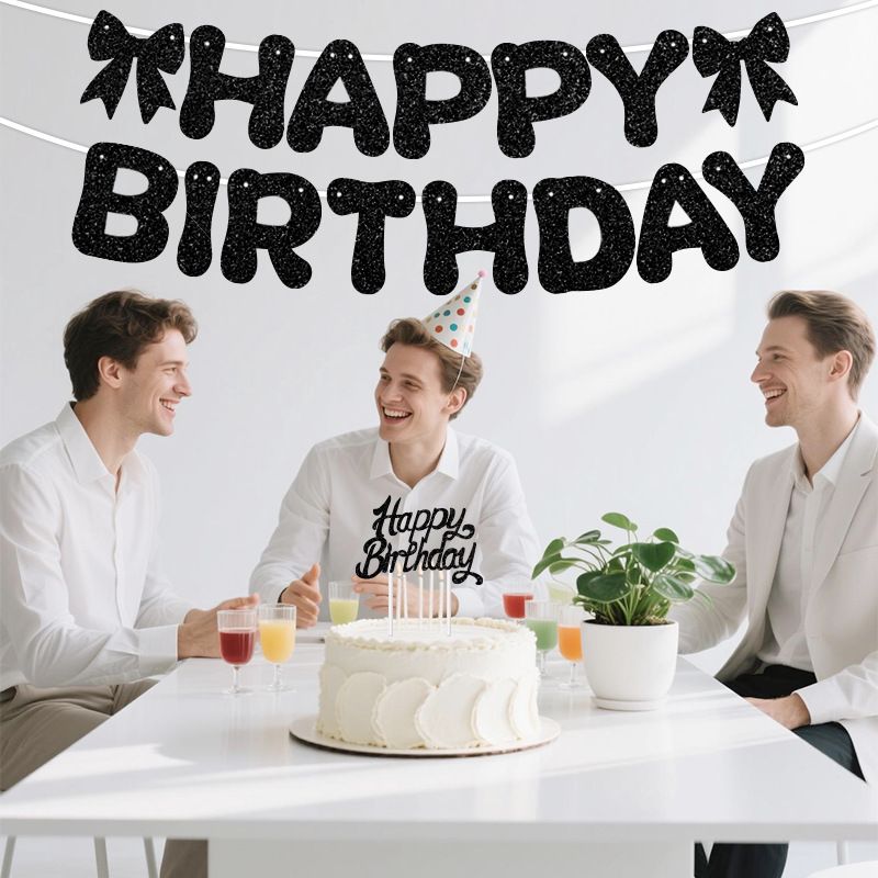 Black Glitter Happy Birthday Banner and Cake Topper Set - Bow Decoration view 7