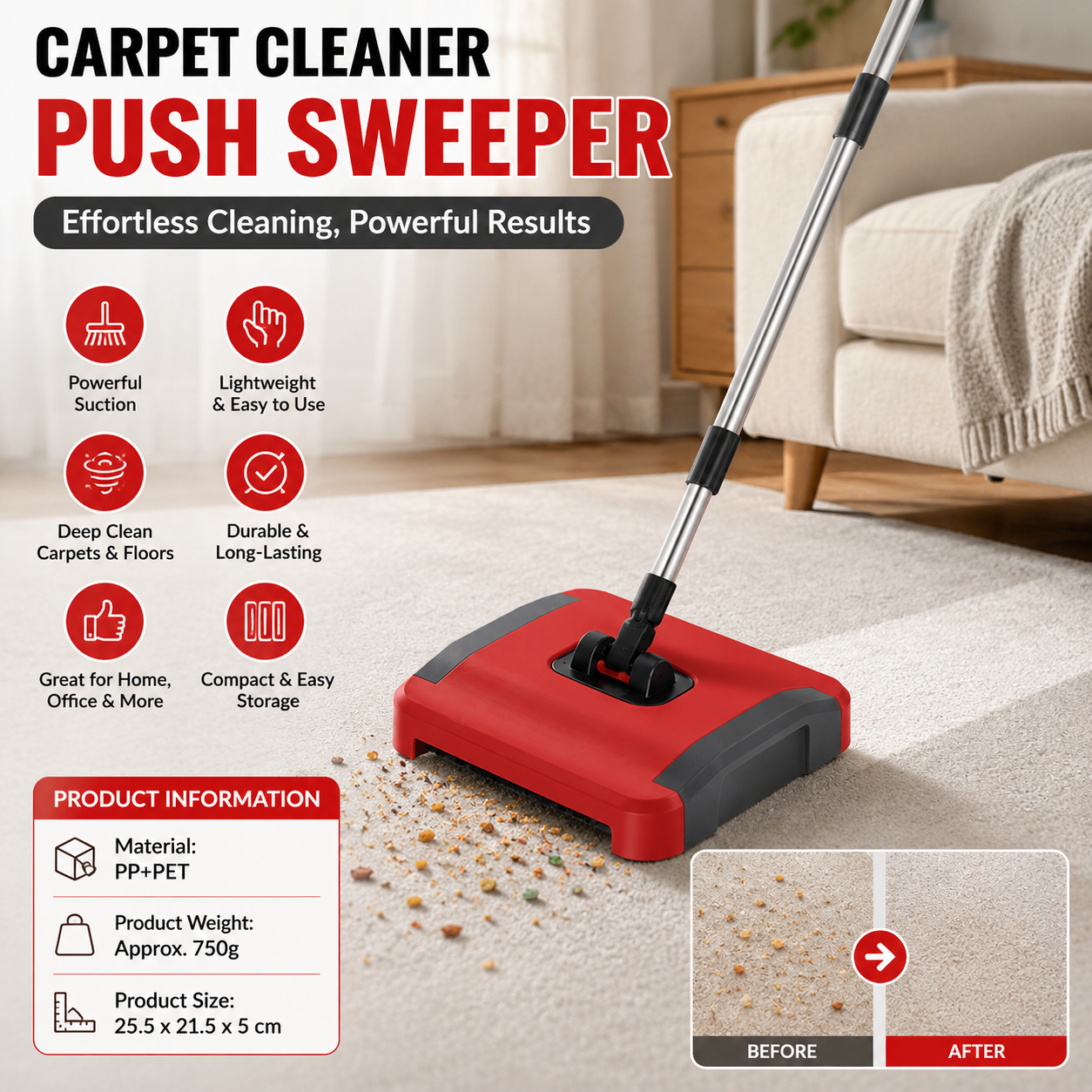 Red Manual Carpet Sweeper with Triple Roller Brushes - Non-Electric Push Broom