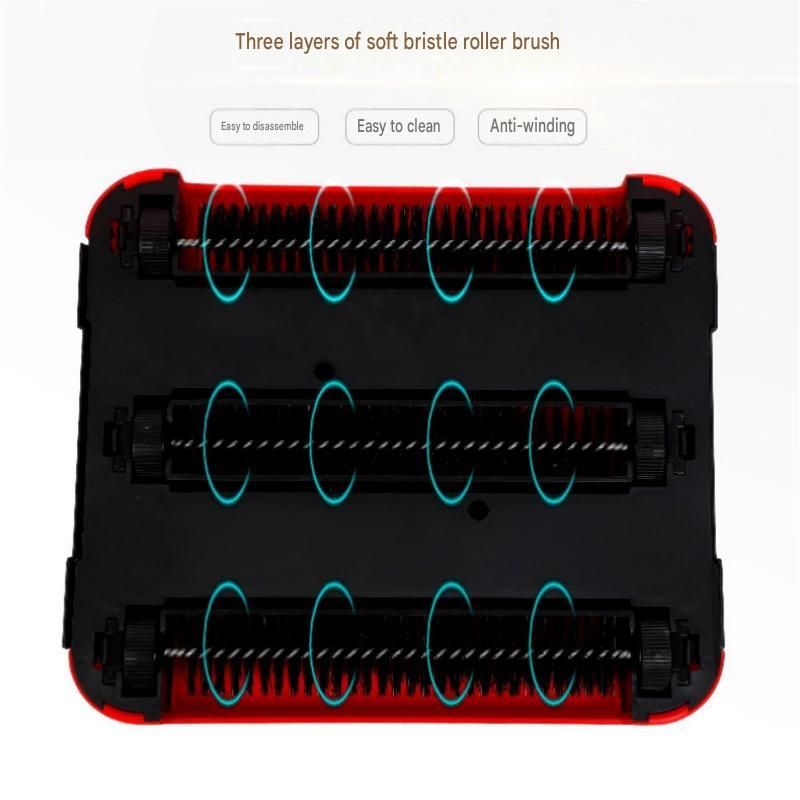 Red Manual Carpet Sweeper with Triple Roller Brushes - Non-Electric Push Broom view 4