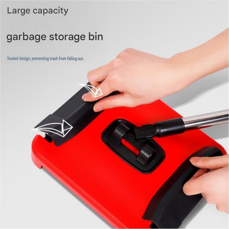 Red Manual Carpet Sweeper with Triple Roller Brushes - Non-Electric Push Broom view 5