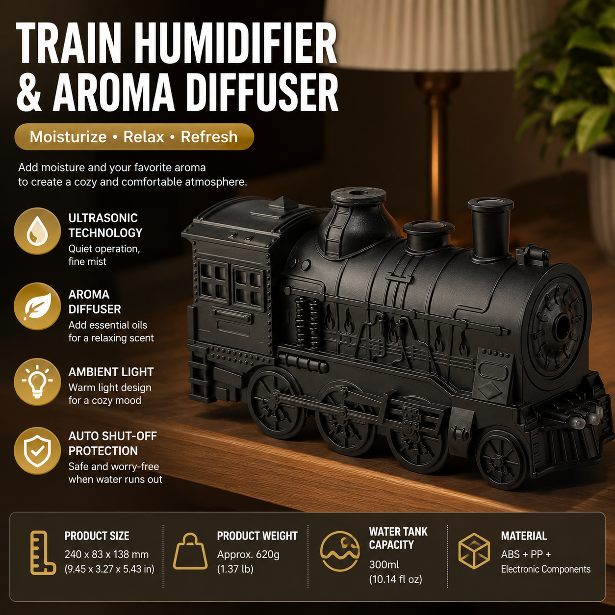Black Retro Train Aromatherapy Humidifier - 300ml Ultrasonic Cool Mist