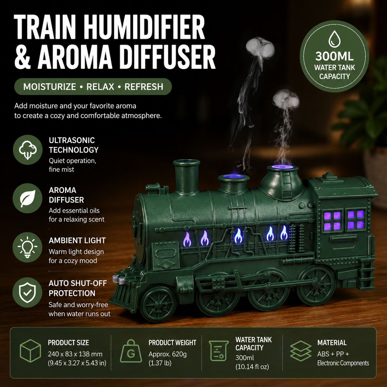 Green Retro Train Aromatherapy Humidifier - 300ml Ultrasonic Cool Mist