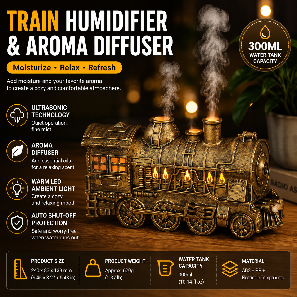 Brass-colored Retro Train Aromatherapy Humidifier - 300ml Ultrasonic Cool Mist