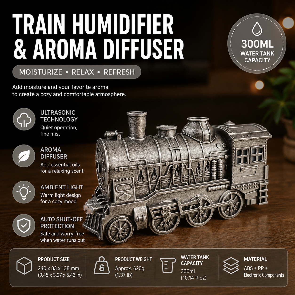 Silvery Retro Train Aromatherapy Humidifier - 300ml Ultrasonic Cool Mist