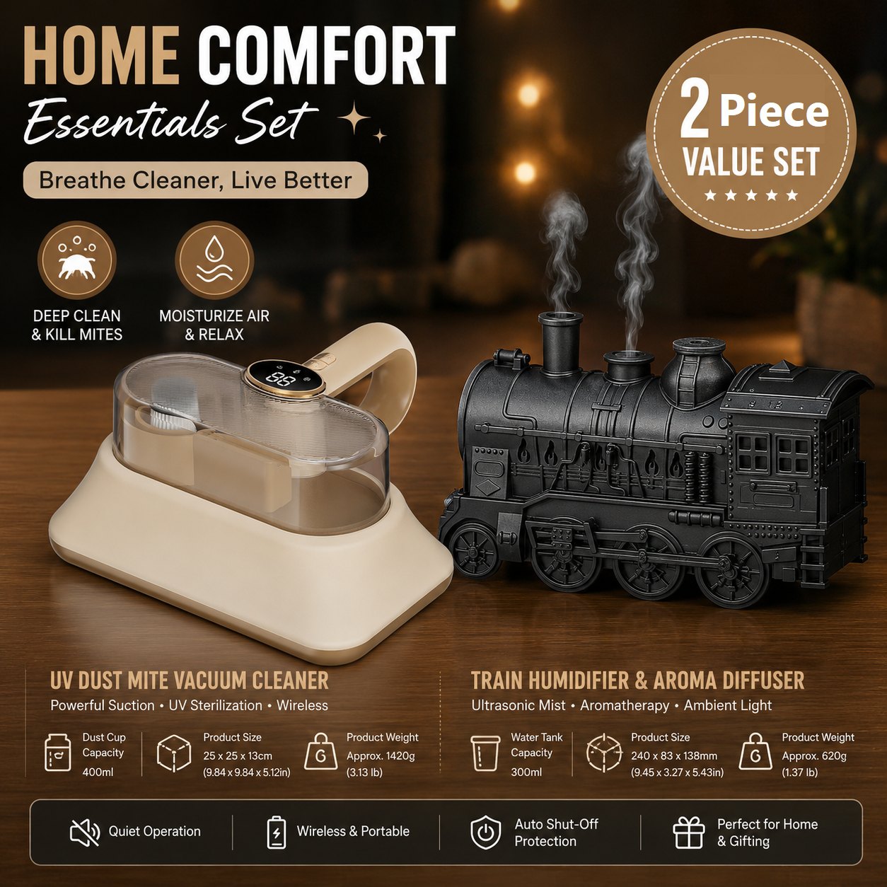Winter Home Cleaning Comfort Kit - Black Retro Train Aromatherapy Humidifier