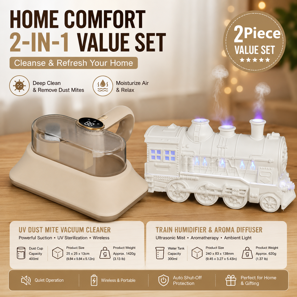 Winter Home Cleaning Comfort Kit - White Retro Train Aromatherapy Humidifier