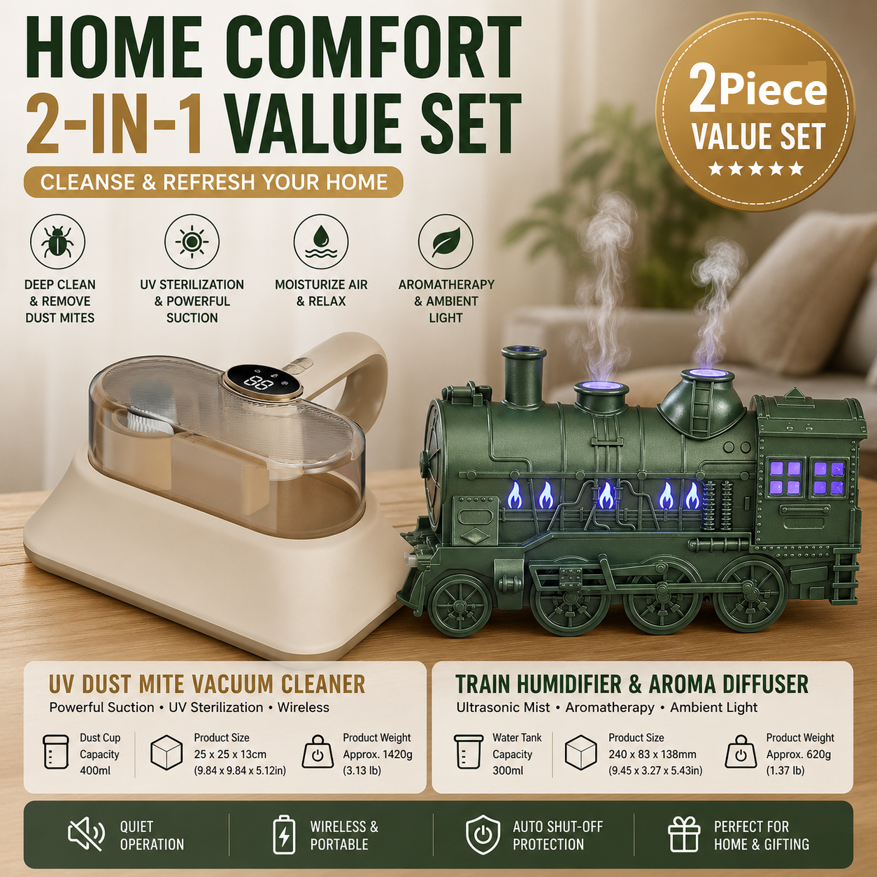 Winter Home Cleaning Comfort Kit - Green Retro Train Aromatherapy Humidifier