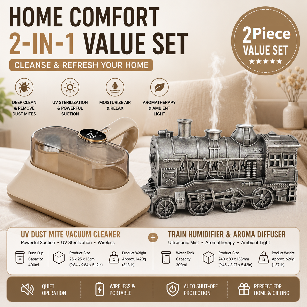 Winter Home Cleaning Comfort Kit - Silvery Retro Train Aromatherapy Humidifier