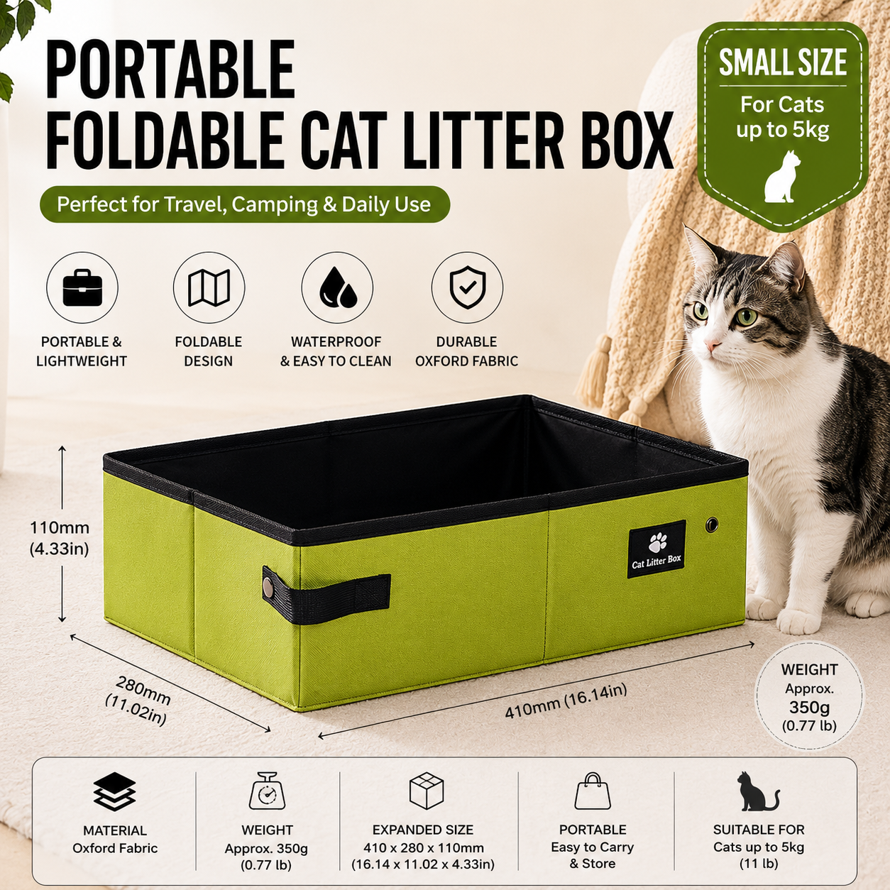 Green Small size Portable Foldable Cat Litter Box - Oxford Fabric Waterproof