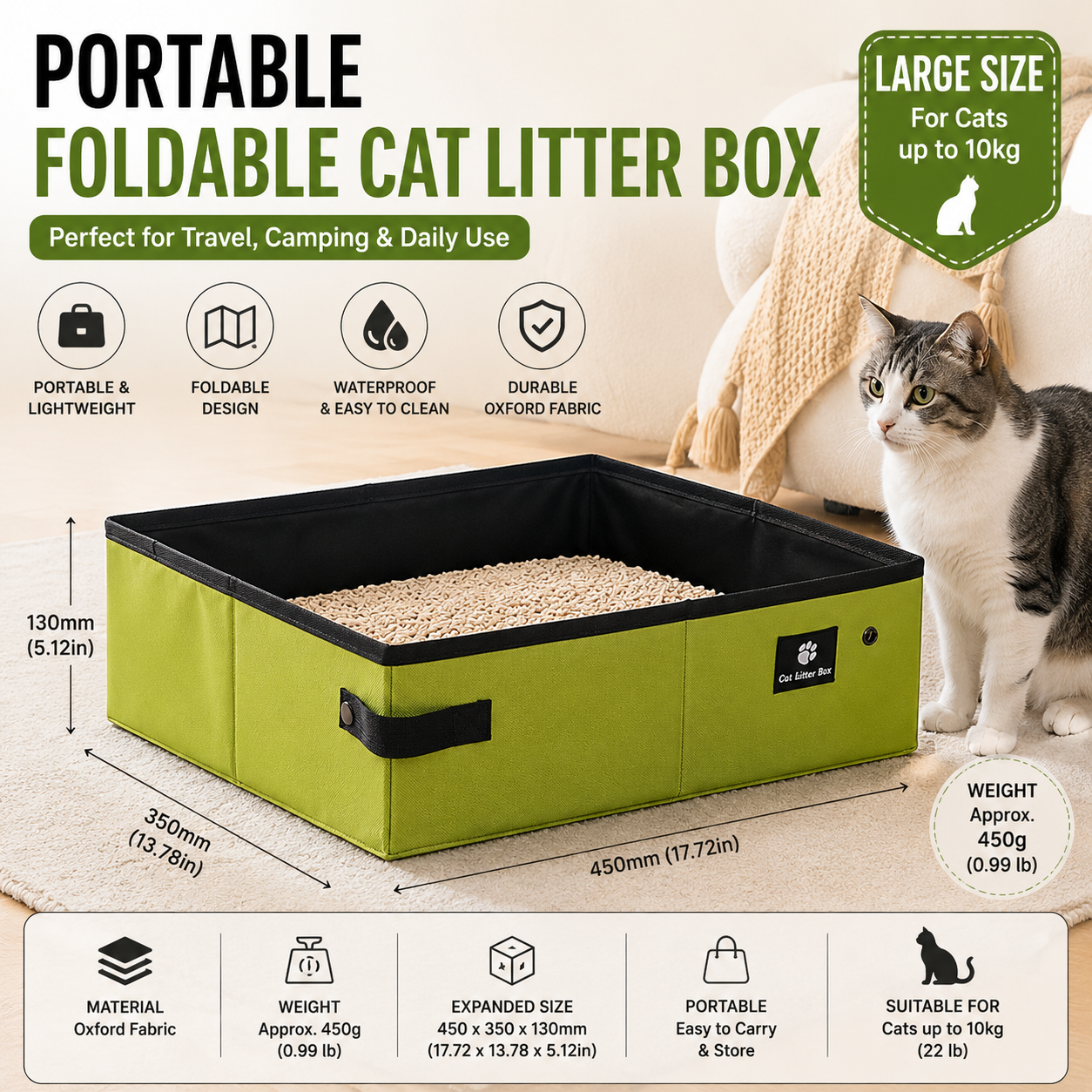 Green Large size Portable Foldable Cat Litter Box - Oxford Fabric Waterproof