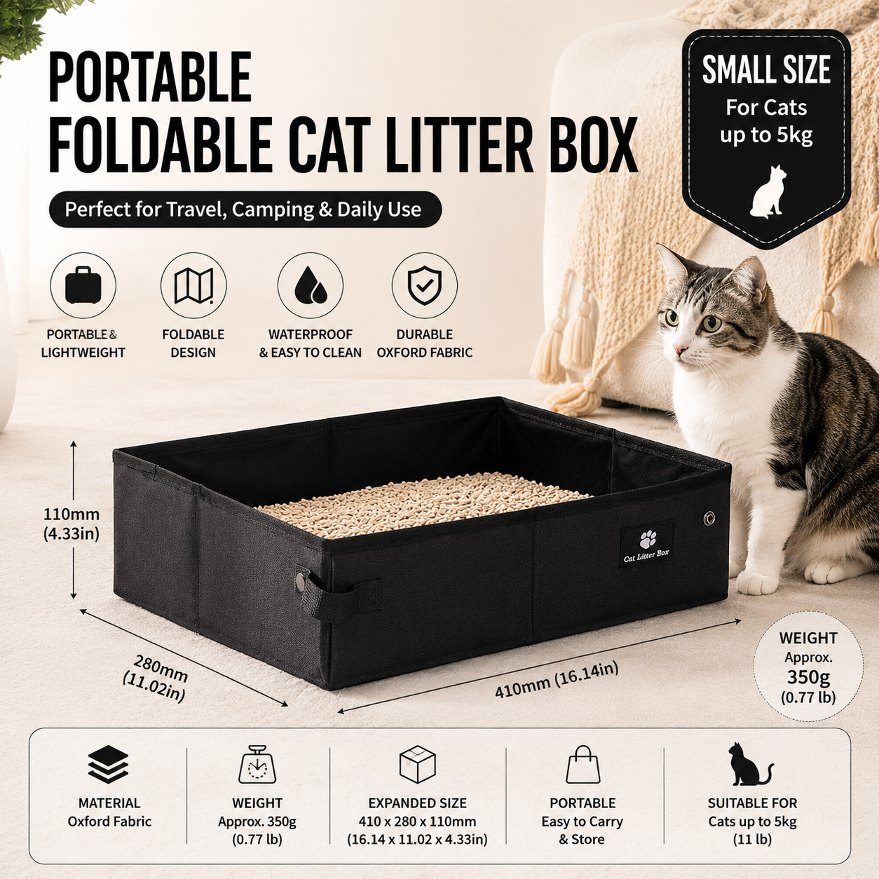 Black Small size Portable Foldable Cat Litter Box - Oxford Fabric Waterproof