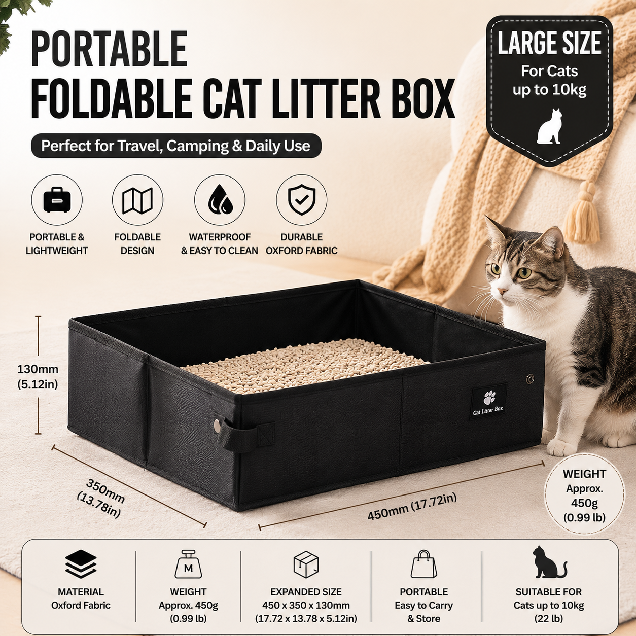 Black Large size Portable Foldable Cat Litter Box - Oxford Fabric Waterproof