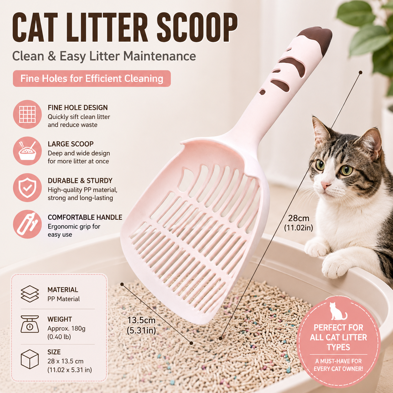 Pink Large-surface cat litter scoop—made of PP material