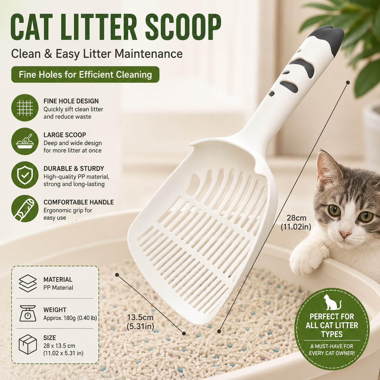 White Large-surface cat litter scoop—made of PP material
