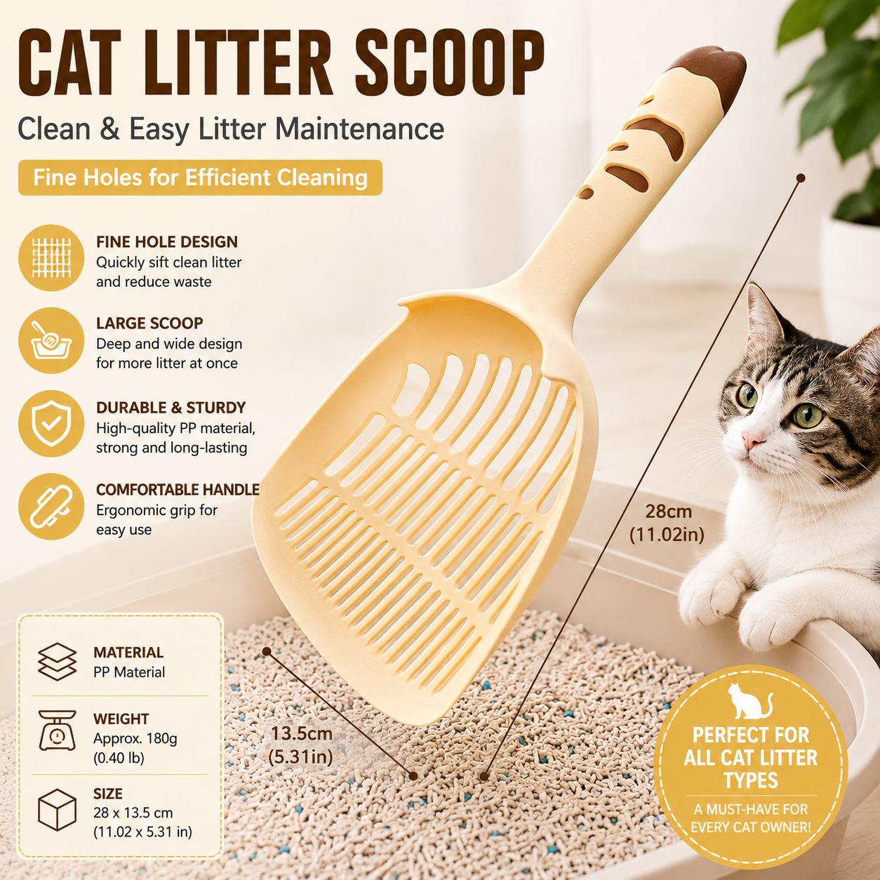 Yellow Large-surface cat litter scoop—made of PP material