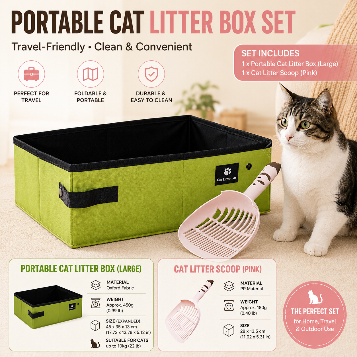 Travel Friendly Pet Toilet Kit - Green Portable Cat Litter Box and Pink Scoop