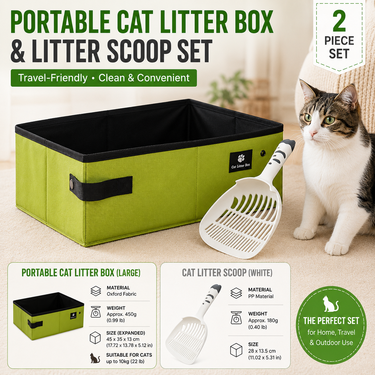 Travel Friendly Pet Toilet Kit - Green Portable Cat Litter Box and White Scoop