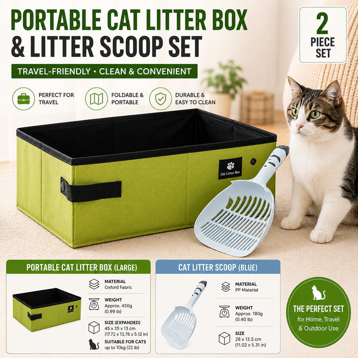 Travel Friendly Pet Toilet Kit - Green Portable Cat Litter Box and Blue Scoop