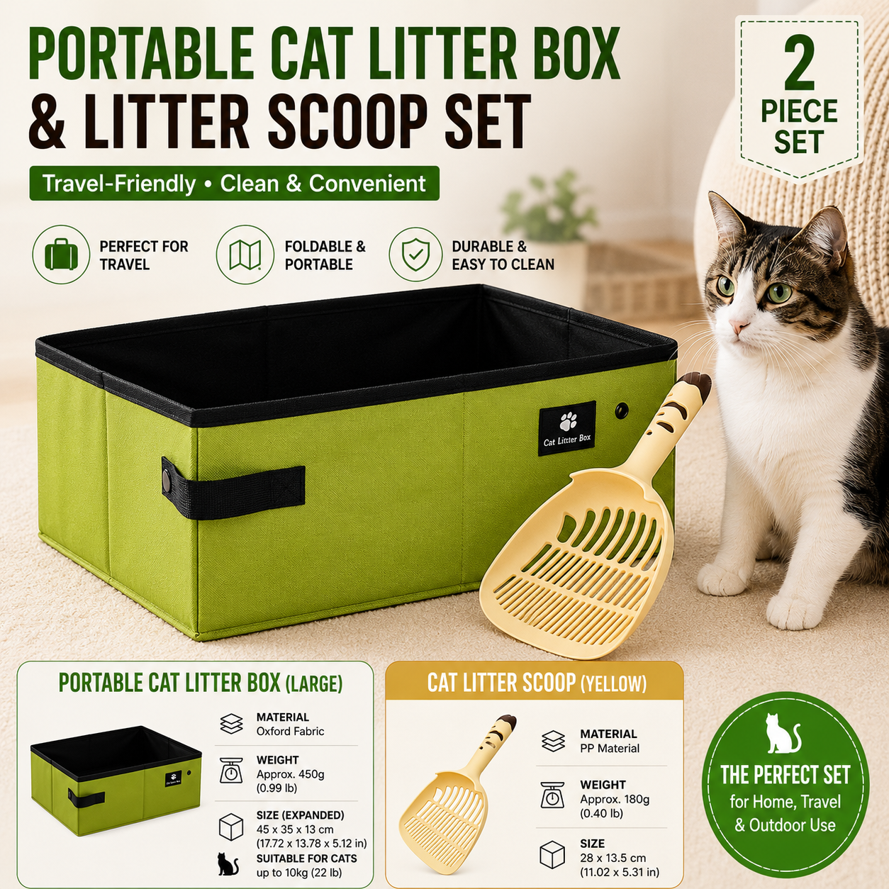 Travel Friendly Pet Toilet Kit - Green Portable Cat Litter Box and Yellow