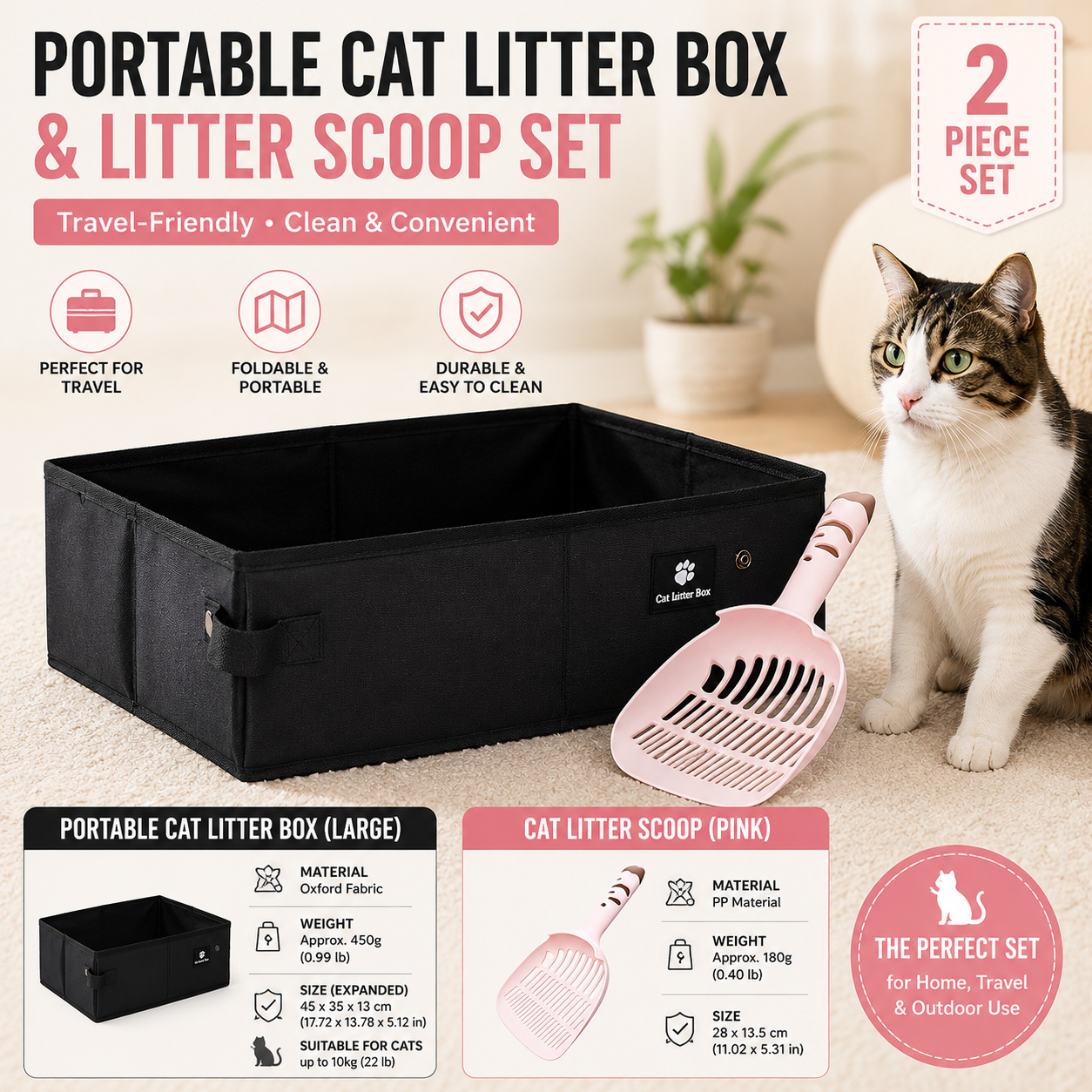 Travel Friendly Pet Toilet Kit - Black Portable Cat Litter Box and Pink Scoop