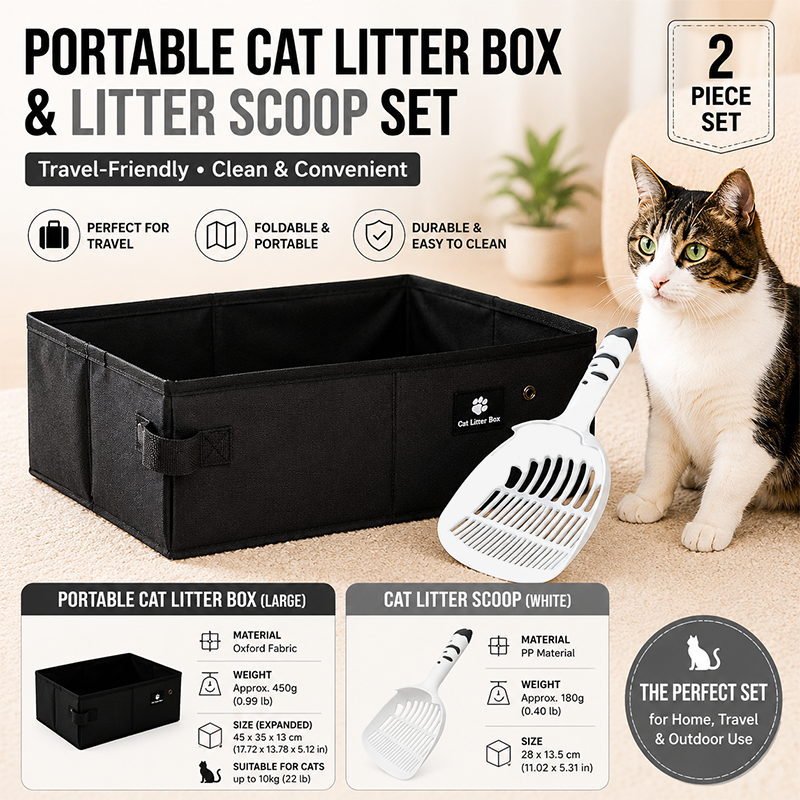 Travel Friendly Pet Toilet Kit - Black Portable Cat Litter Box and White Scoop