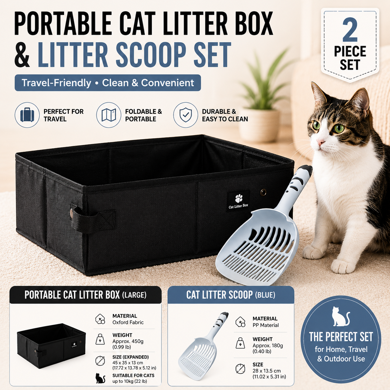 Travel Friendly Pet Toilet Kit - Black Portable Cat Litter Box and Blue Scoop