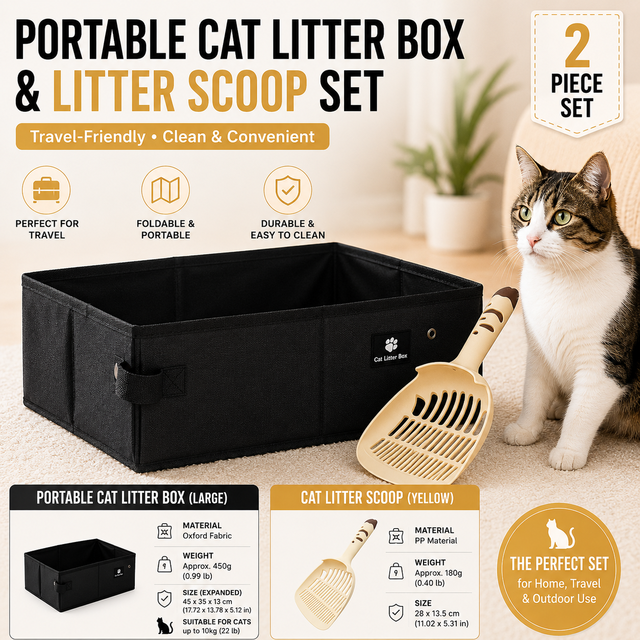Travel Friendly Pet Toilet Kit - BlackPortable Cat Litter Box and Yellow Scoop