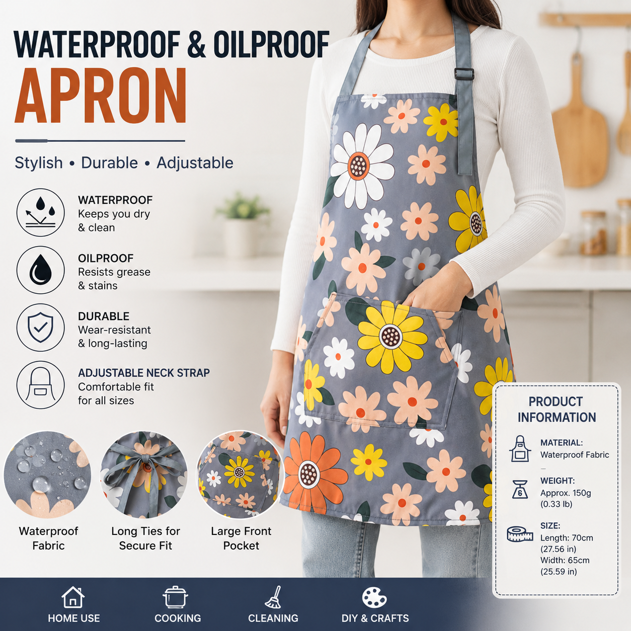 Chrysanthemum pattern Waterproof Kitchen Apron - Oil Resistant Fabric with