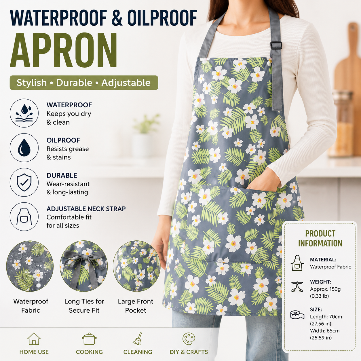 Green grass and small white flower pattern Waterproof Kitchen Apron - Oil