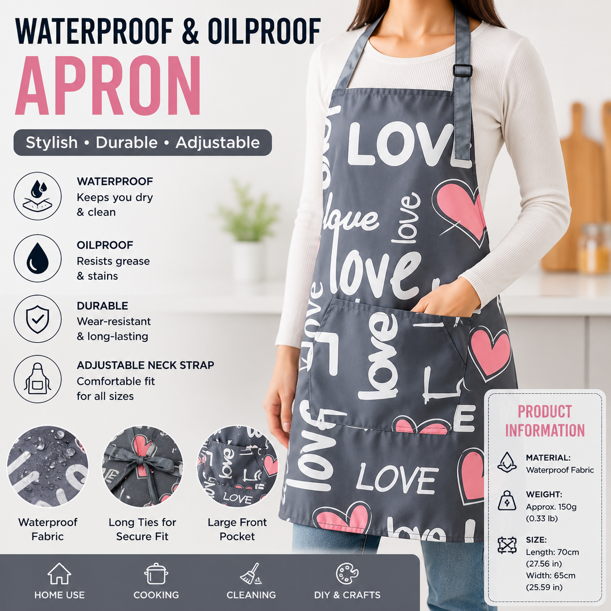 "LOVE" letter pattern Waterproof Kitchen Apron - Oil Resistant Fabric with