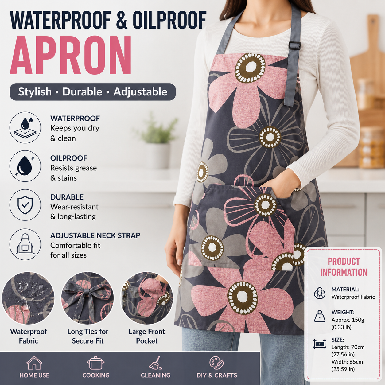 Pink floral pattern Waterproof Kitchen Apron - Oil Resistant Fabric with