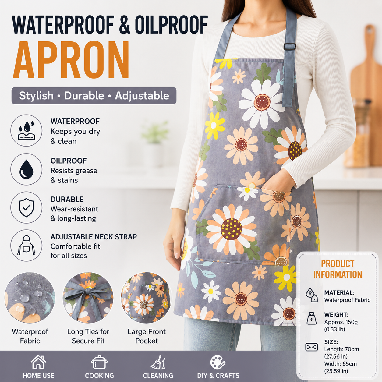 Sunflower pattern Waterproof Kitchen Apron - Oil Resistant Fabric with