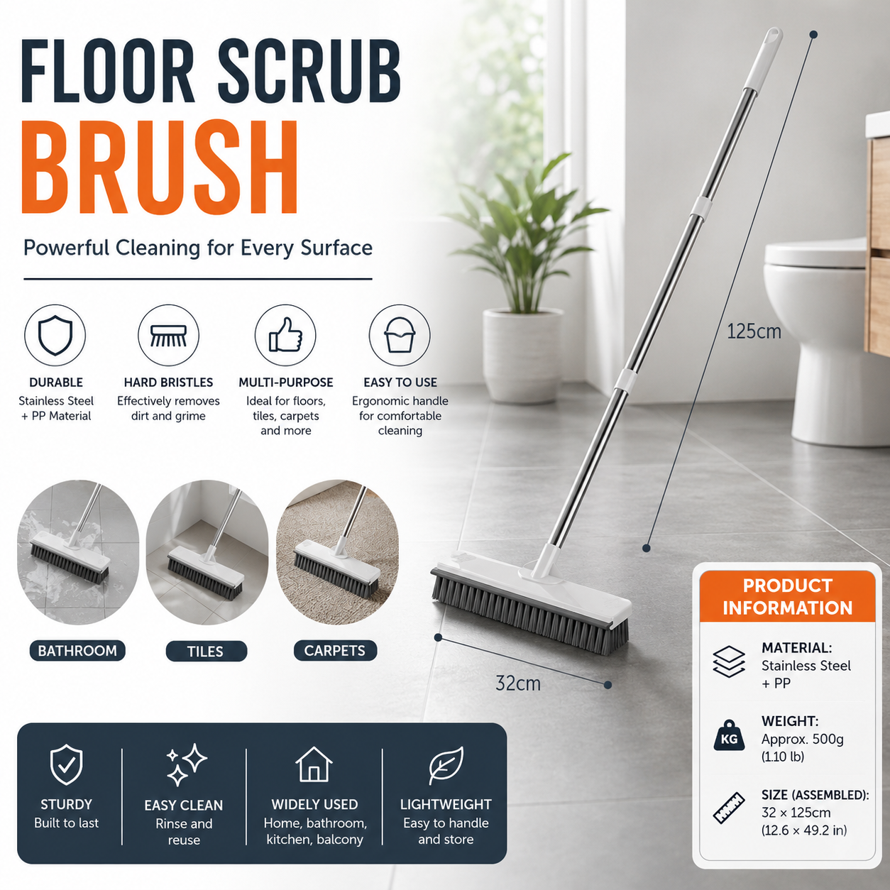White Long Handle Floor Scrubber Brush - Stainless Steel and PP with Silicone