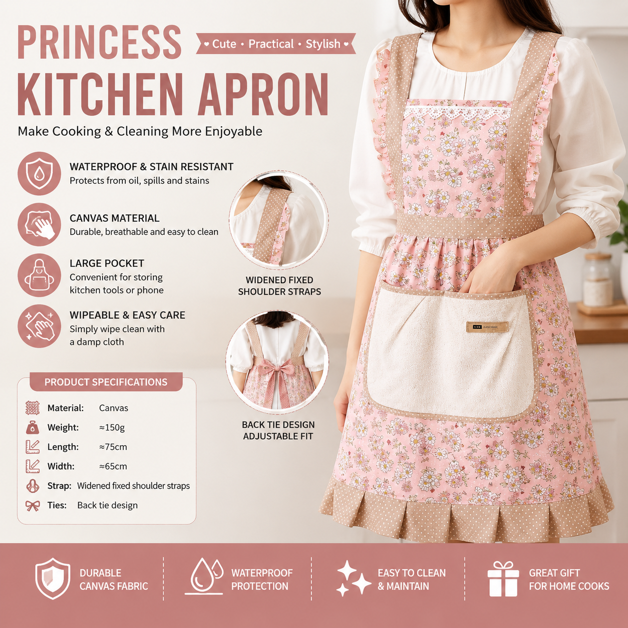 Floral Canvas Pink Kitchen Apron - Waterproof Oil-Resistant with Hand-Wipe Pocket