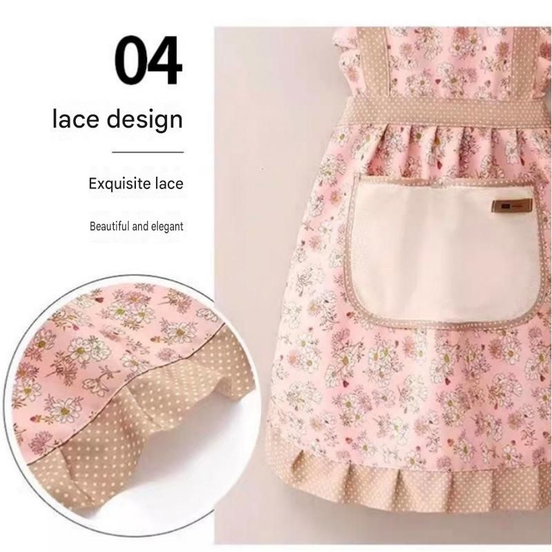 Floral Canvas Pink Kitchen Apron - Waterproof Oil-Resistant with Hand-Wipe Pocket view 9