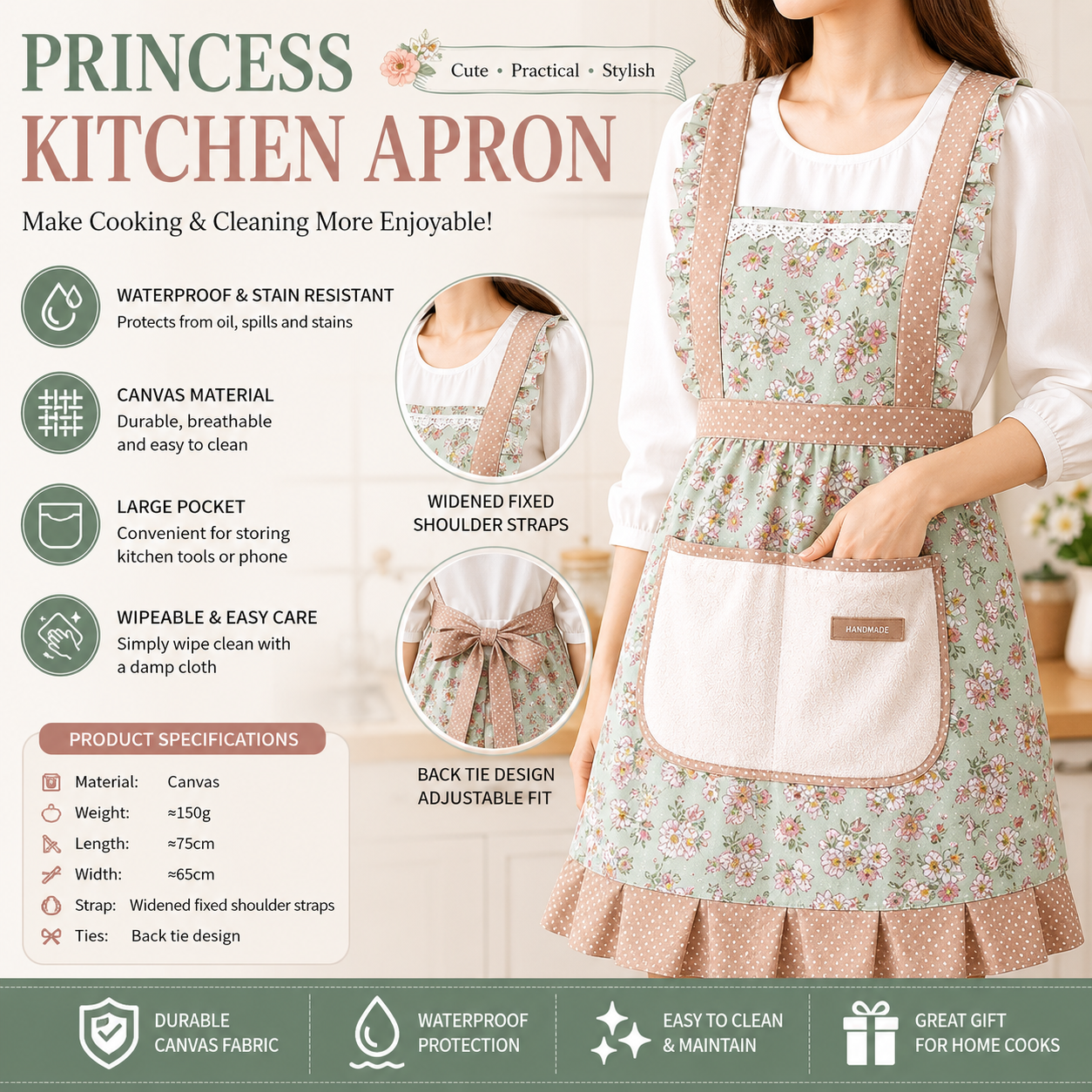 Floral Canvas Green Kitchen Apron - Waterproof Oil-Resistant with Hand-Wipe Pocket