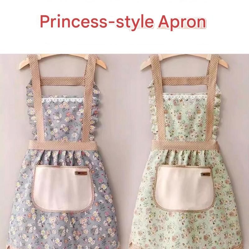 Floral Canvas Green Kitchen Apron - Waterproof Oil-Resistant with Hand-Wipe Pocket view 2