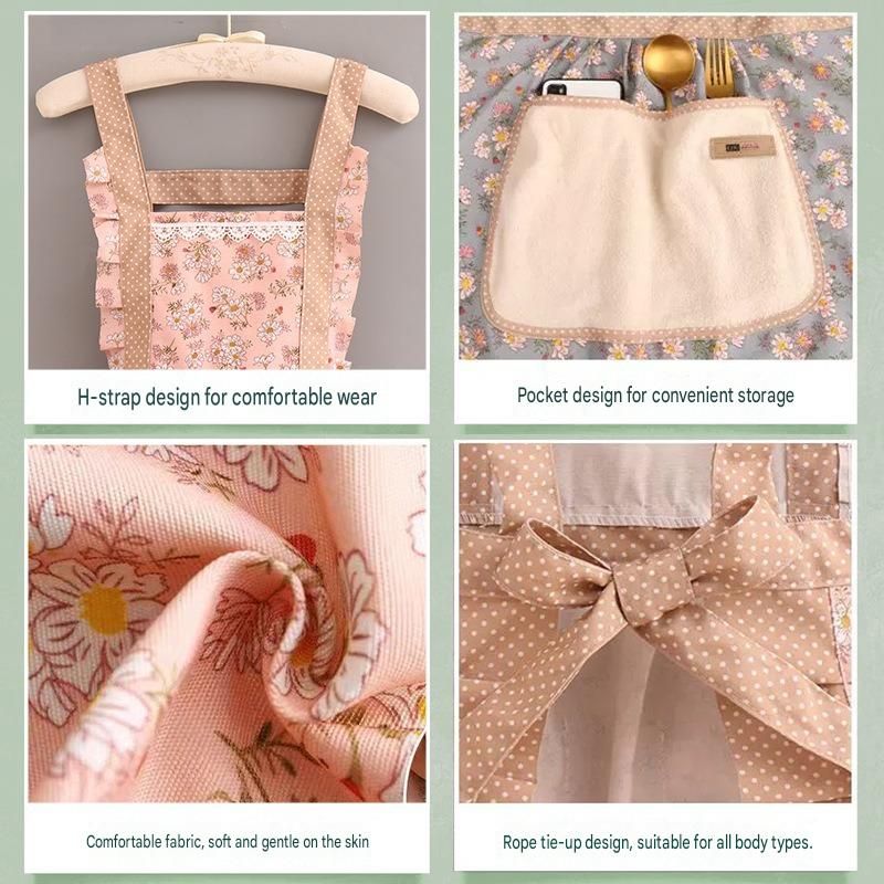 Floral Canvas Green Kitchen Apron - Waterproof Oil-Resistant with Hand-Wipe Pocket view 5