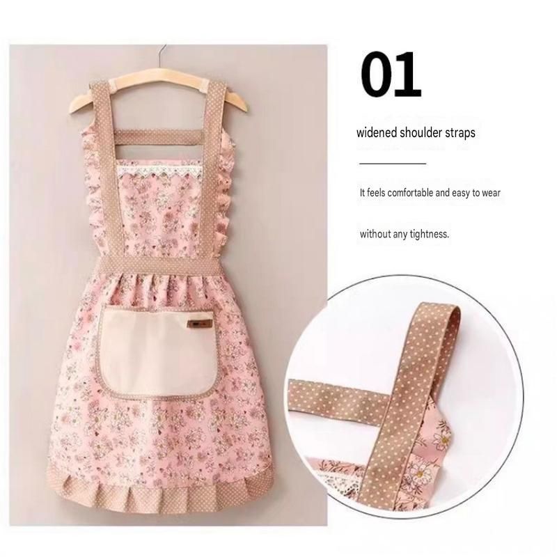 Floral Canvas Green Kitchen Apron - Waterproof Oil-Resistant with Hand-Wipe Pocket view 6