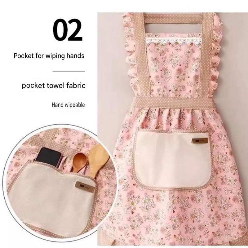 Floral Canvas Green Kitchen Apron - Waterproof Oil-Resistant with Hand-Wipe Pocket view 7