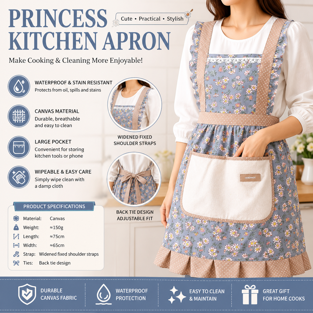 Floral Canvas Blue Kitchen Apron - Waterproof Oil-Resistant with Hand-Wipe Pocket