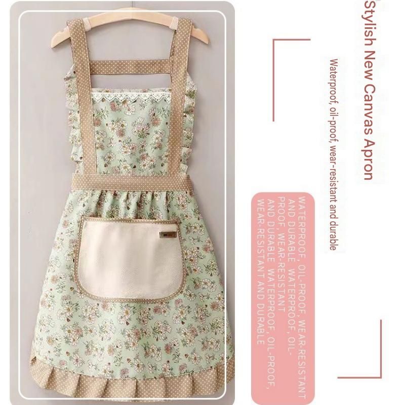 Floral Canvas Blue Kitchen Apron - Waterproof Oil-Resistant with Hand-Wipe Pocket view 3