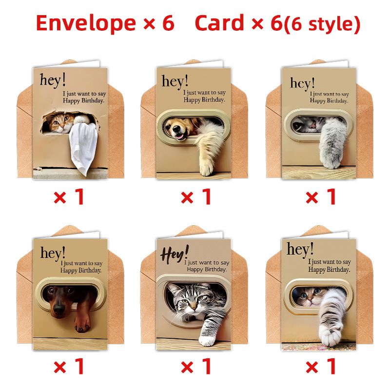 Cute Cat and Dog Birthday Card Set - 6 Assorted Greeting Cards with Envelopes view 3