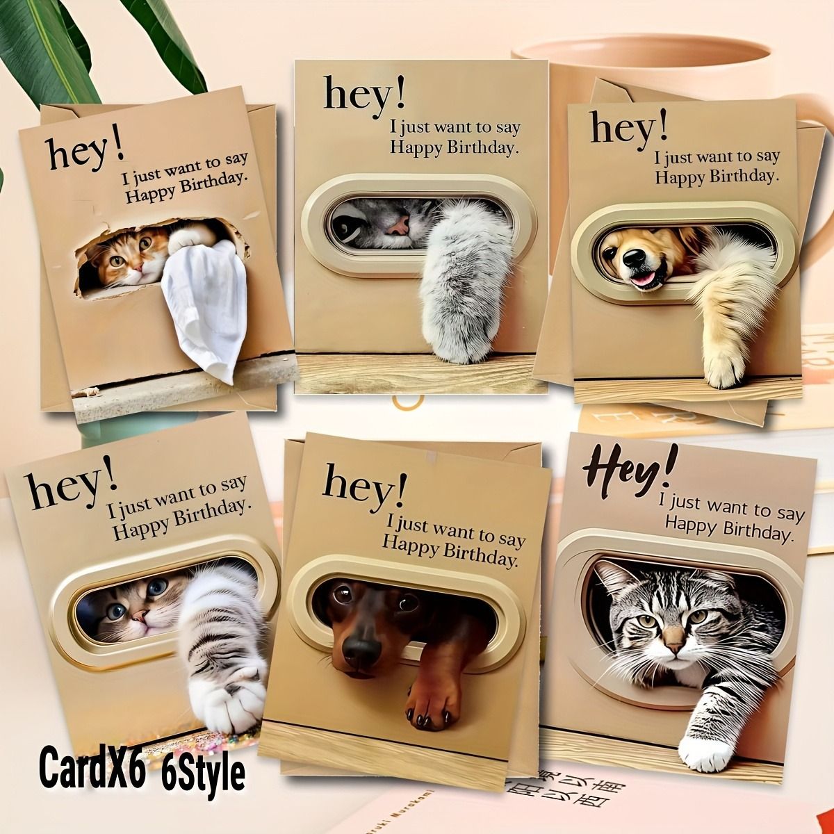Cute Cat and Dog Birthday Card Set - 6 Assorted Greeting Cards with Envelopes view 6
