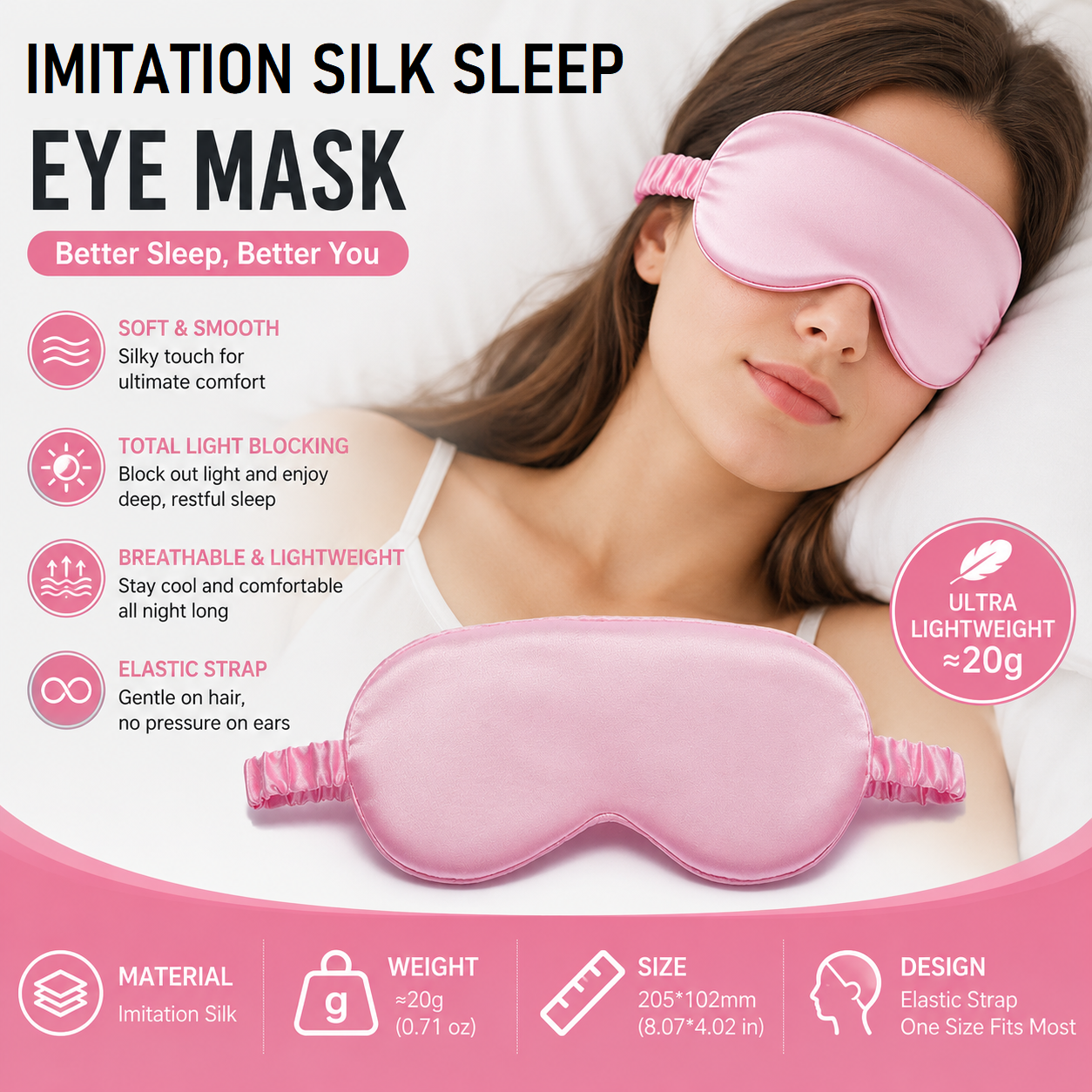 Pink Imitation Silk Sleep Eye Mask - Soft Breathable Light Blocking Design