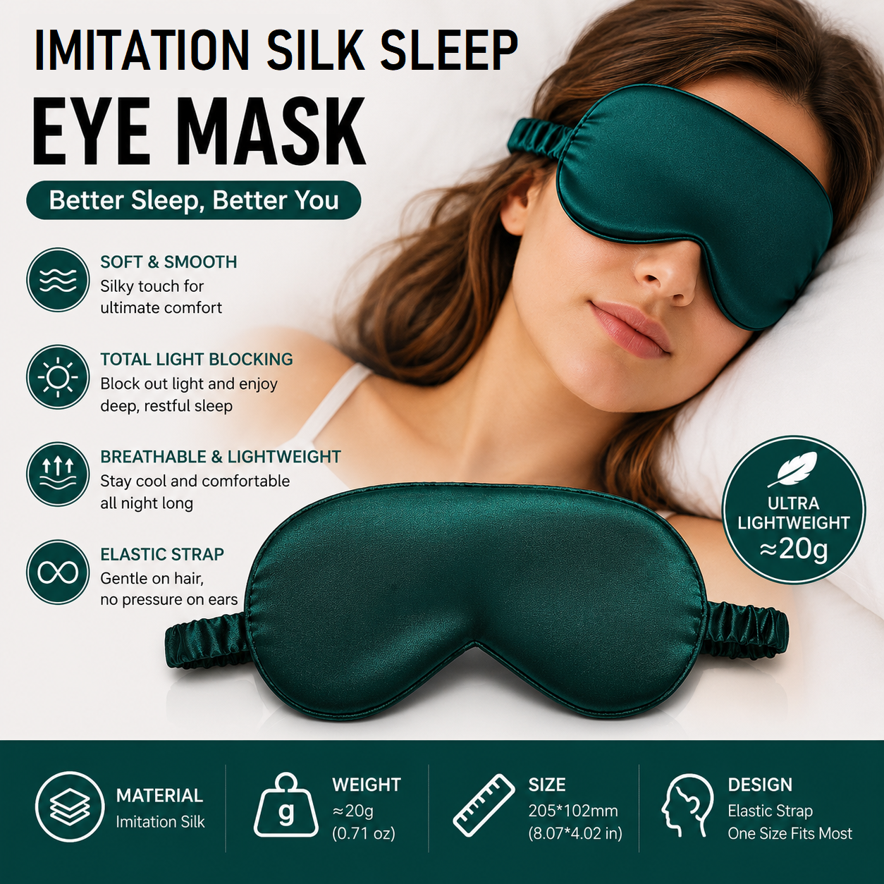 Green Imitation Silk Sleep Eye Mask - Soft Breathable Light Blocking Design